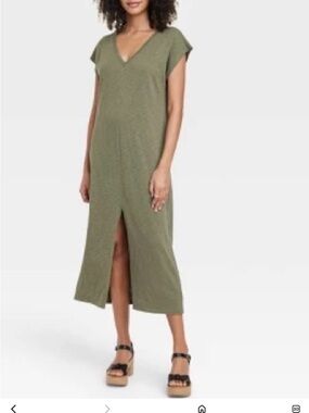 Universal Thread NWOT Olive V-Neck Midi Dress XS Front Slit beach VACATION